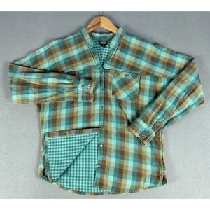 Patagonia Shirt Womens 6 Green Blue Double Weave Mandarin Band Collar Organic